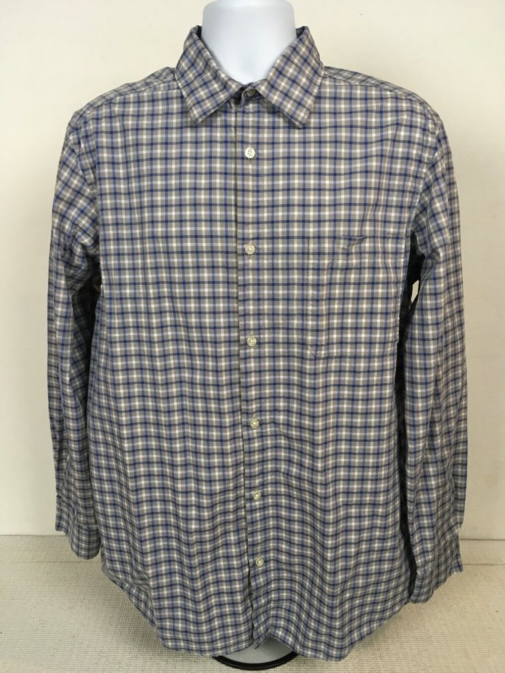 Claiborne Button Down Shirt Men Size LT Blue Gray White Check Pocket Long Sleeve